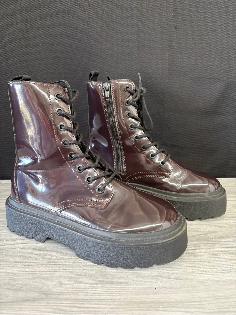 Zara Dark Burgundy Patent Lace-Up Kids Platform Boots